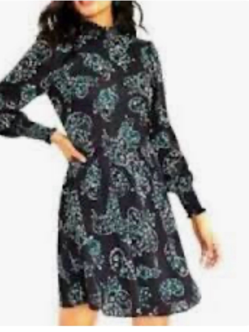 Loft black green paisley satin ruffle collar midi dress
